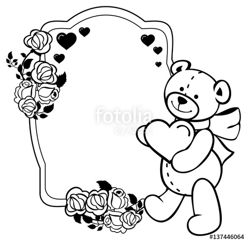 500x490 oval label with outline roses and cute teddy bear holding heart - Teddy Bear Holding A Heart Drawing