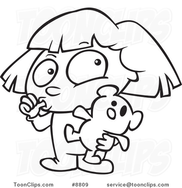 581x600 cartoon black and white line drawing of a girl sucking her thumb - Teddy Bear Line Drawing