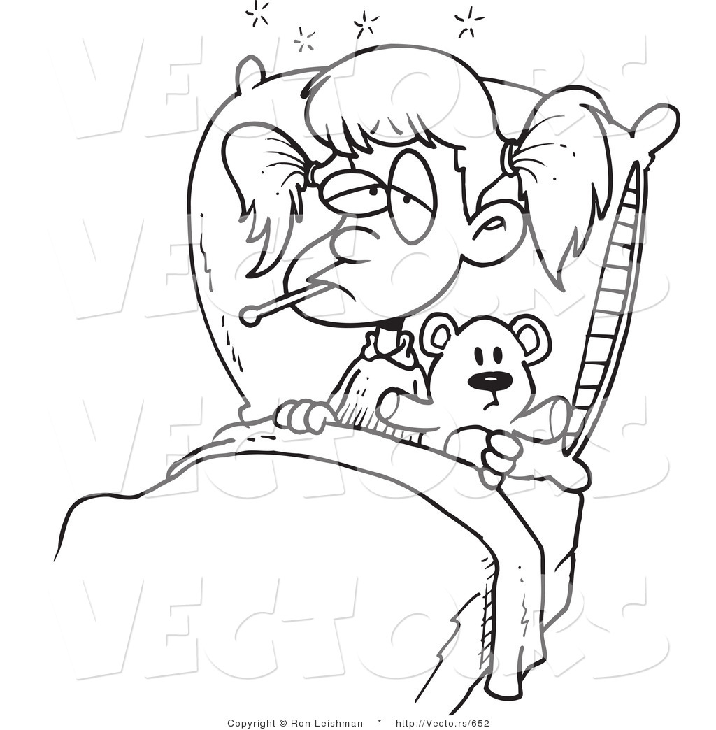 1024x1044 Vector Of A Sick Cartoon Girl Resting In Bed With Teddy Bear - Teddy Bear Line Drawing