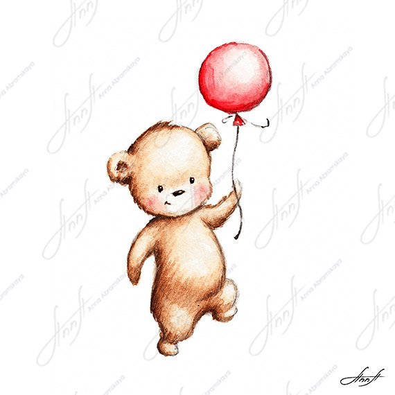 570x570 The Drawing Of Cute Teddy Bear With Red Balloon Printable Etsy - Teddy Drawing