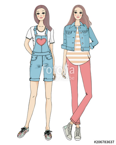 400x500 vector illustration of two cute twins teenage girls in casual - Teenage Girl Drawing