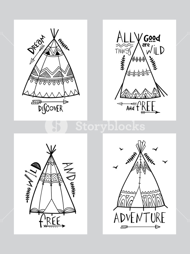 750x1000 creative cards set with hand drawn ornamental wigwam or teepee - Teepee Tent Drawing
