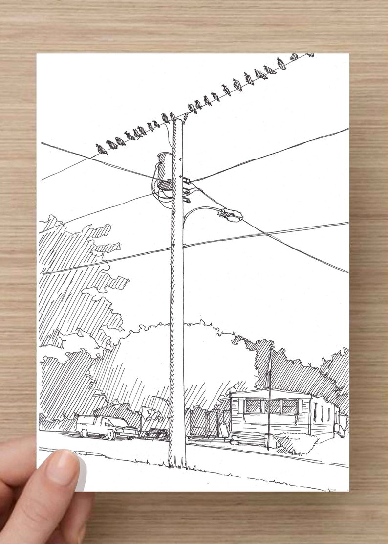 794x1112 birds on a wire trailer park telephone pole ink drawing etsy - Telephone Pole Drawing