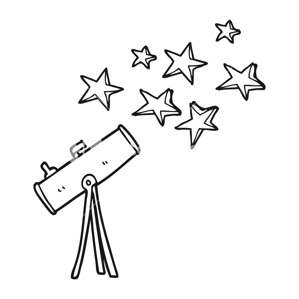 1000x1000 freehand drawn black and white cartoon telescope and stars royalty - Telescope Drawing