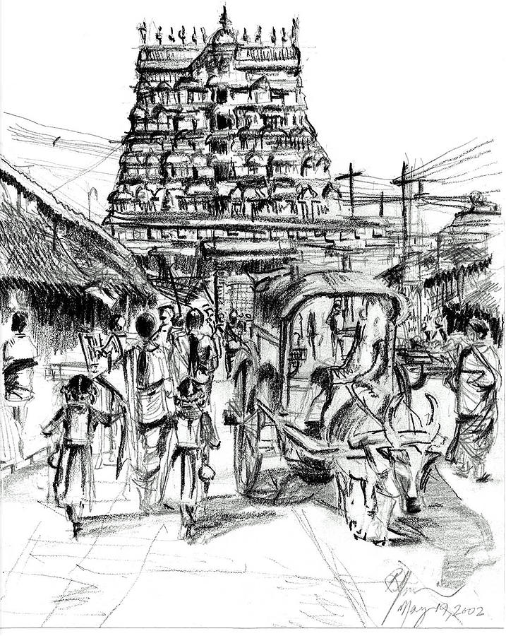 717x900 urban life outside temple drawing - Temple Drawing
