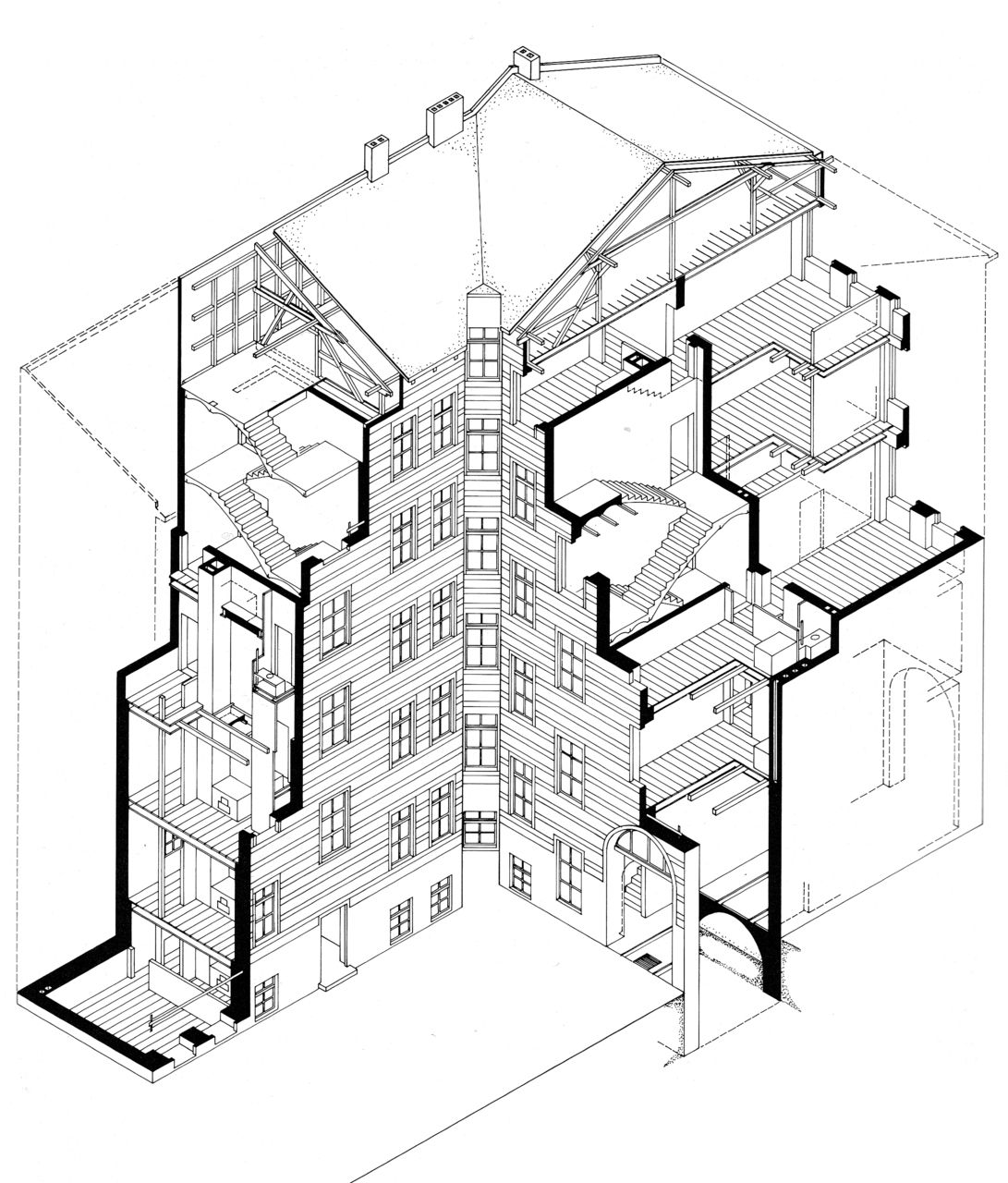 1091x1280 heiko systematic axonometric section across a typical - Tenement Drawing