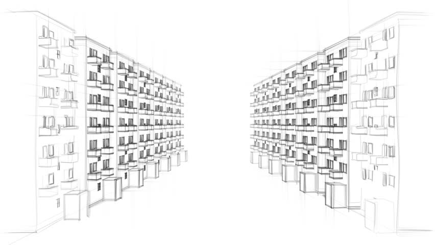852x480 animated line drawing of a residential street with tenement houses - Tenement Drawing