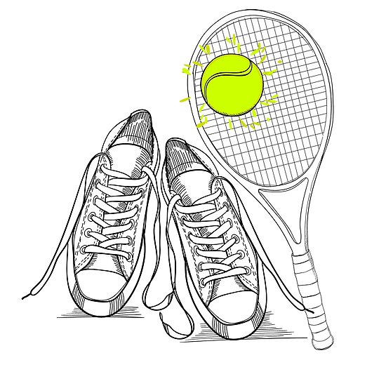 550x550 drawing isolated objects sneakers with tennis racquet and ball - Tennis Drawing Images