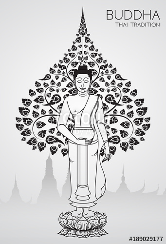 341x500 buddha and bodhi tree of thai tradition,vesak day,vector stock - Thai Buddha Drawing