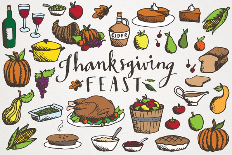 794x529 thanksgiving feast clipart hand drawn illustrations etsy - Thanksgiving Feast Drawing