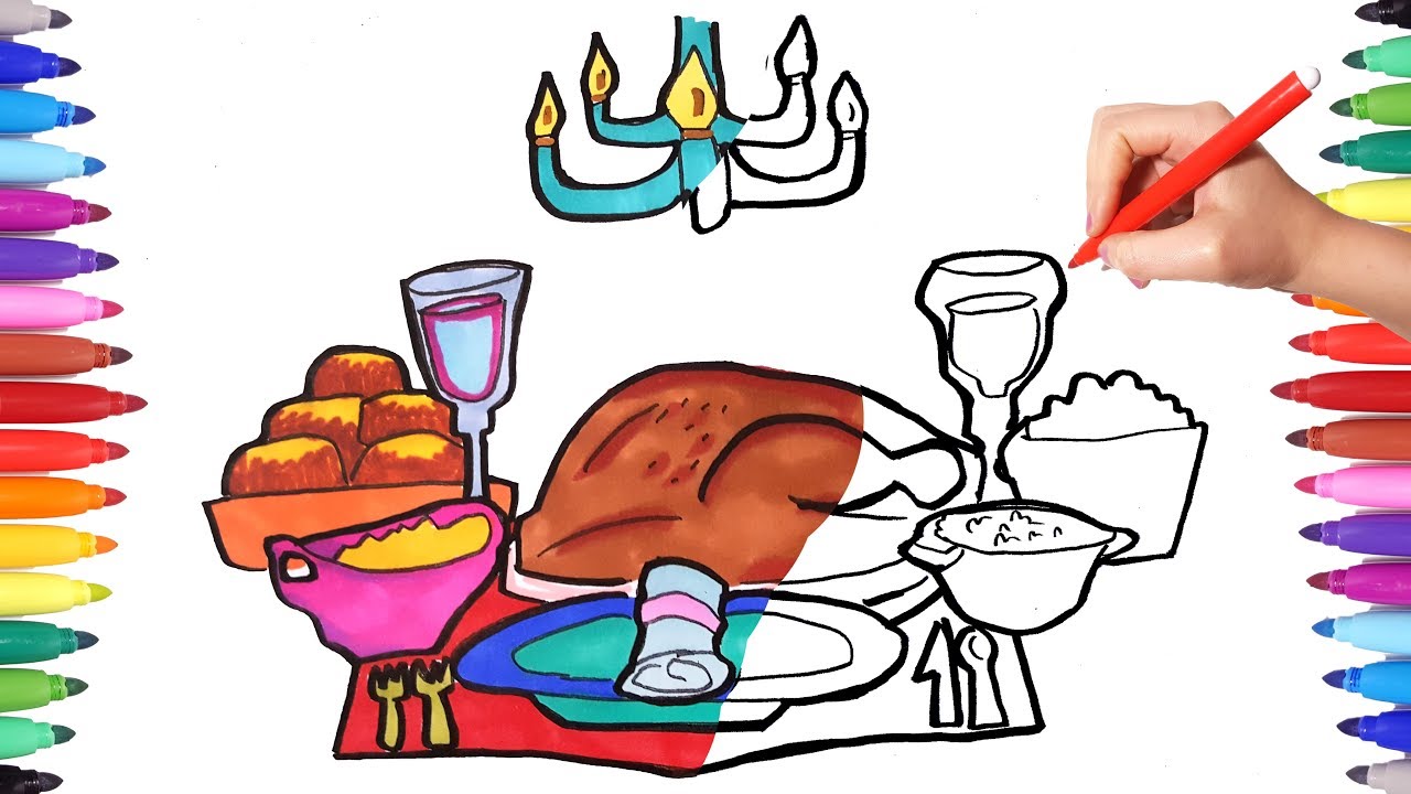 1280x720 How To Draw Set Table With Turkey For Thanksgiving Food Coloring - Thanksgiving Food Drawing