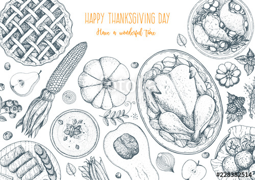 500x354 Thanksgiving Day Top View Vector Illustration Food Hand Drawn - Thanksgiving Food Drawing