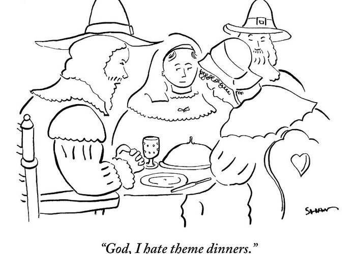 700x500 Pilgrims At Thanksgiving Dinner Table Greeting Card For Sale - Thanksgiving Table Drawing