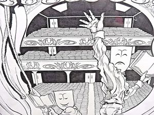 300x225 Theater Masks Framed Signed Matted Pen Ink Drawing Stage Scripts - Theater Drawing