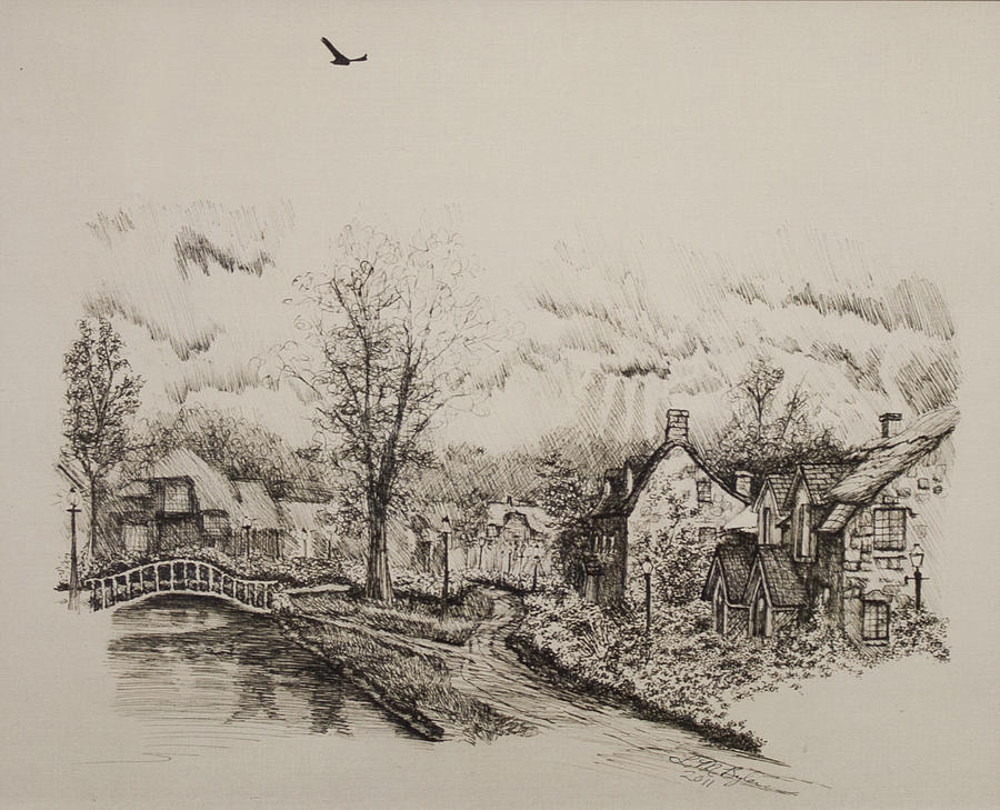 900x729 Thomas Kinkade Village Drawing - Thomas Kinkade Drawings