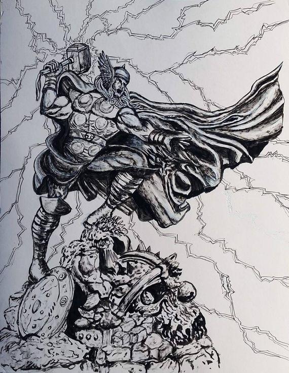 570x734 Thor Drawing Etsy - Thor Drawing