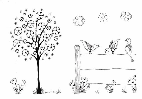 570x399 Three Birds On The Fence Etsy - Three Birds Drawing