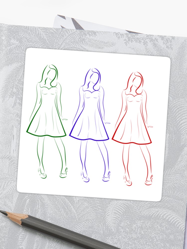 750x1000 colored outline drawing of three girls in dresses sticker - Three Girls Drawing