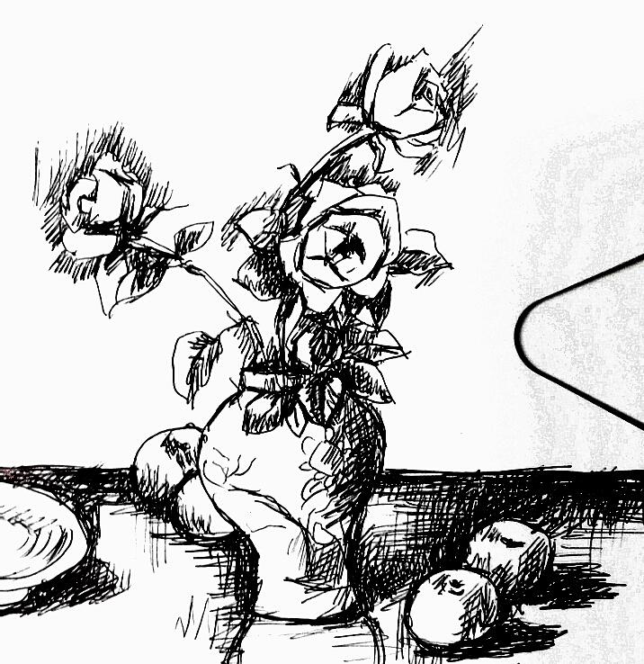 716x738 Three Roses On Oraintal Vase Drawing - Three Roses Drawing