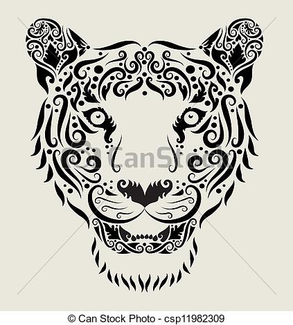 423x470 Tiger Head Ornament Animal Drawing With Curl Ornament Decoration - Tiger Head Drawing Easy