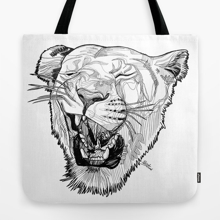 700x700 Lioness Head Line Drawing Bw Tote Bag - Tiger Head Line Drawing