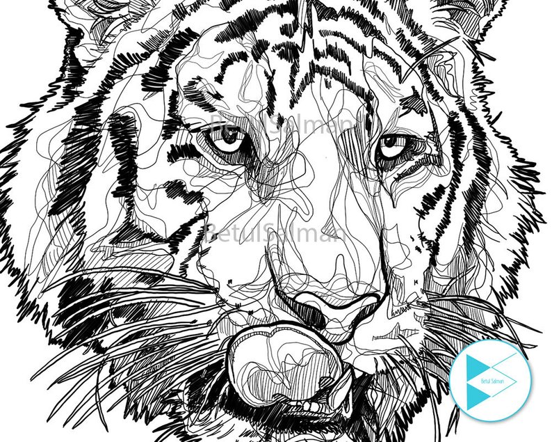794x635 Tiger Head Line Drawing Black And White Abstract Tiger Etsy - Tiger Head Line Drawing