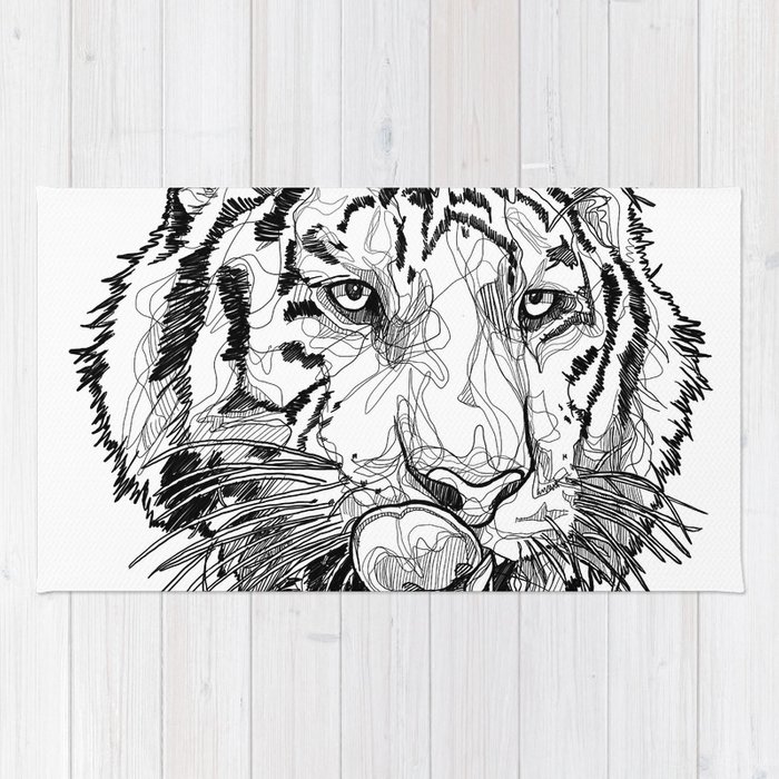 700x700 Tiger Licking Lips Black And White Line Drawing Rug - Tiger Head Line Drawing