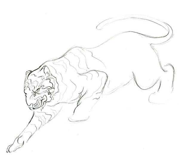 600x523 How To Draw A Tattoo Style Tiger With Colored Pencils - Tiger Line Drawing