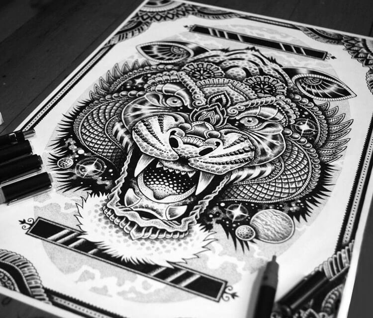 750x640 cosmic tiger pen drawing - Tiger Pen Drawing