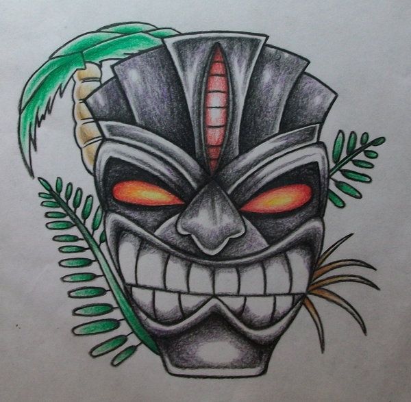 600x587 coloured tiki mask drawing tikiwood carving tiki tattoo, mask - Tiki Mask Drawing