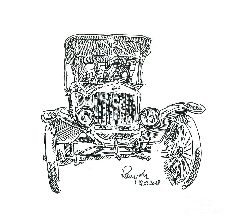 900x865 Ford Model T Tin Lizzie Oldtimer Fountain Pen Ink Drawing Drawing - Tin Drawing