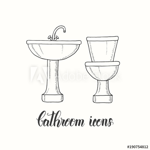 500x500 vintage hand drawn washbasin and toilet bowl in a sketch style - Toilet Bowl Drawing