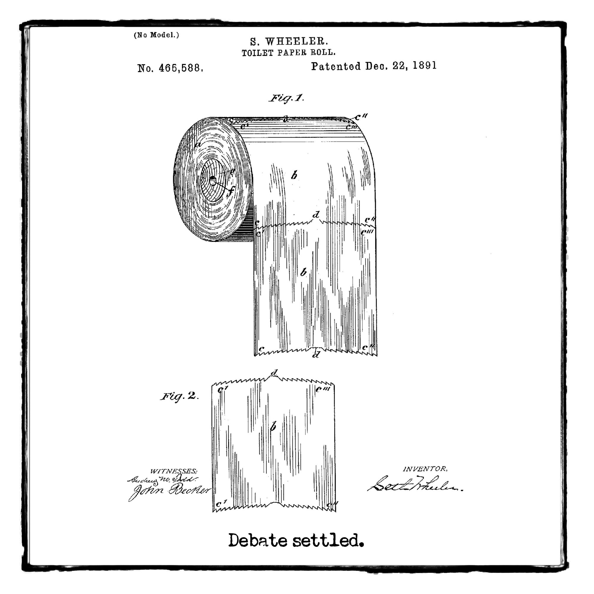 2000x2000 flaherty 'debate settled bathroom patent' drawing print on canvas - Toilet Paper Patent Drawing