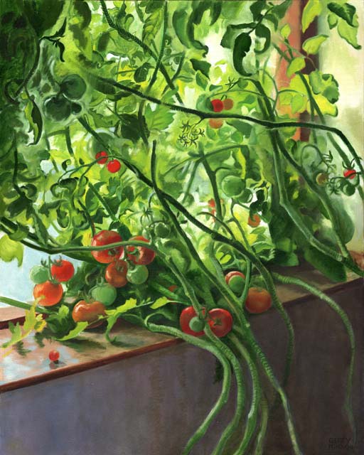 512x640 picture of oil painting of tomato plants with ripe red and green - Tomato Plant Drawing