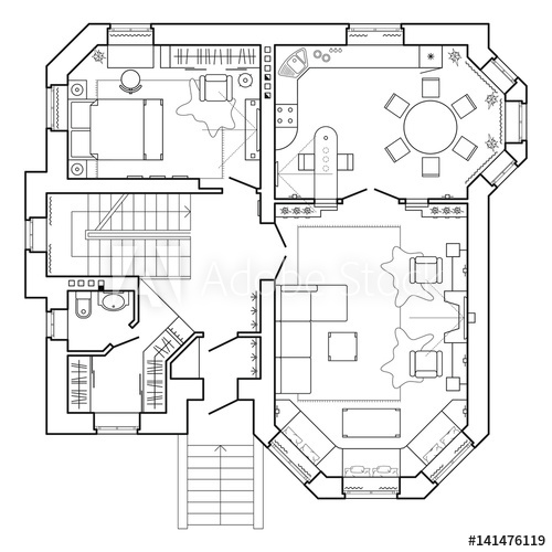 500x500 Black And White Architectural Plan Of A House Layout - Top View Drawing