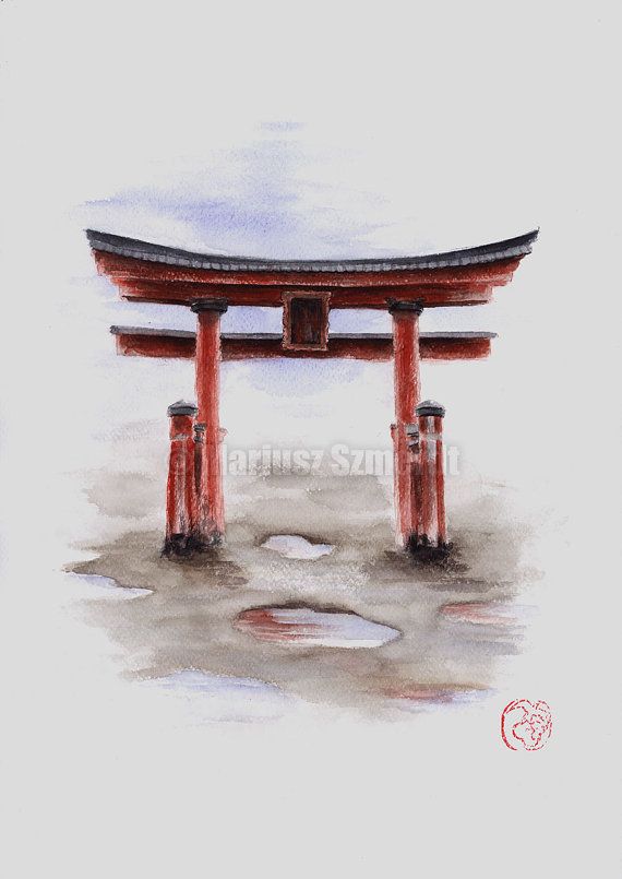 570x805 Torii Gate Painting Original Watercolor Artwork - Torii Gate Drawing