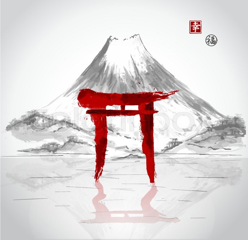 800x775 torii gates in water, mountain fuji stock vector colourbox - Torii Gate Drawing
