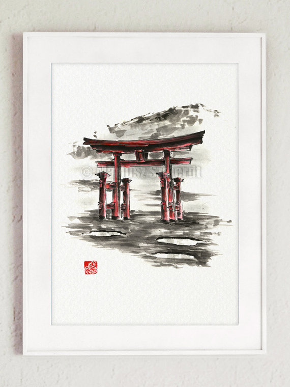 570x760 Japanese Torii Gate, Torii Painting, Watercolor Gift Idea - Torii Gate Drawing