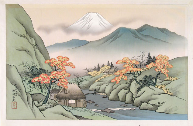635x417 harumitsu, landscape with mount fuji and a torrent - Torrent Drawing