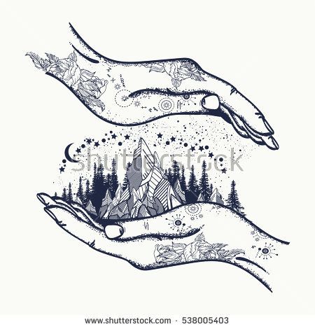 450x470 mountains in hands, tattoo symbol of travel, tourism, meditation - Tourism Drawing