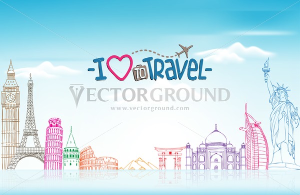 600x391 travel and tourism with famous landmarks vector background - Tourism Drawing