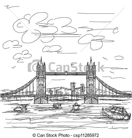 450x470 Hand Drawn Illustration Of Famous Tourist Destination Tower Bridge - Tower Bridge Line Drawing