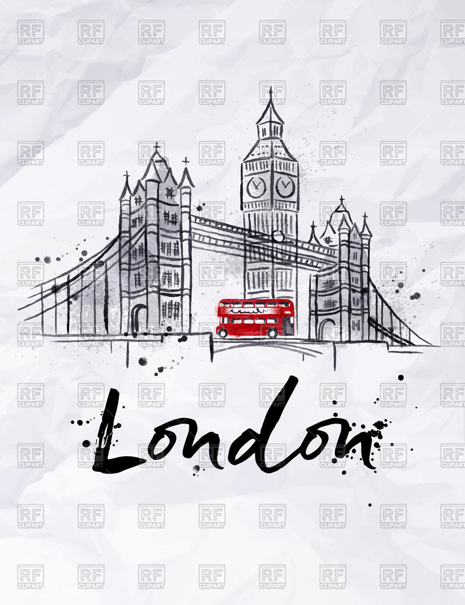 923x1200 London Poster With Tower Bridge, Big Ben And Double Decker - Tower Bridge Line Drawing