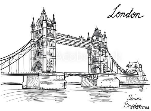 500x367 Tower Bridge, London, England, Uk, Europe Hand Drawing Old - Tower Bridge Line Drawing
