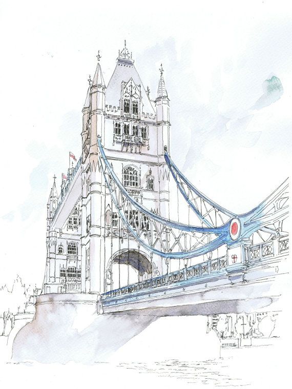 570x759 original watercolour of tower bridge london tattoo watercolor - Tower Bridge London Drawing