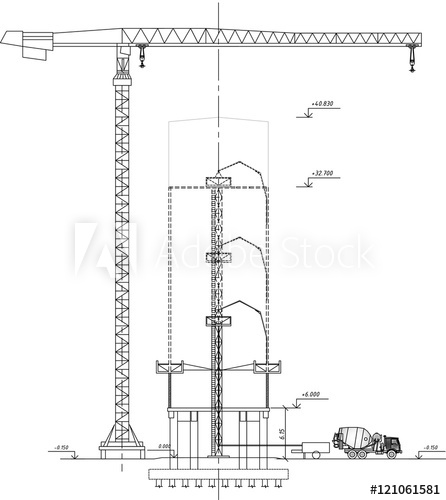 446x500 crane drawing, tower crane, concrete mixer, feeding concrete - Tower Crane Drawing
