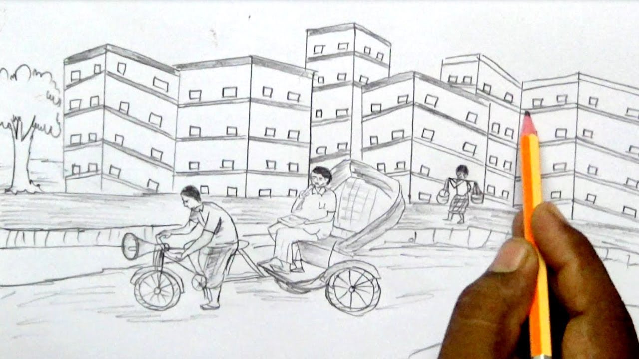 1280x720 how to draw a town scenery in pencil - Town Drawing