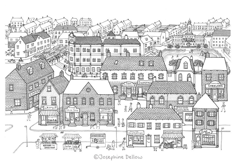 961x680 cute quirky black white detailed line drawing etsy - Town Drawing