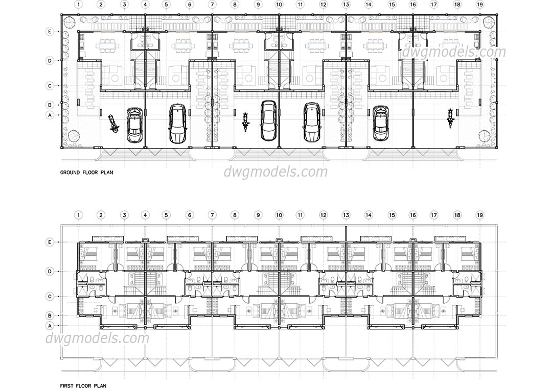 1080x760 Townhouse Autocad Drawing, Free Cad Download - Townhouse Drawing