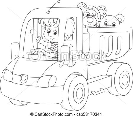 450x394 Little Boy In A Toy Truck Black And White Vector Illustration - Toy Truck Drawing